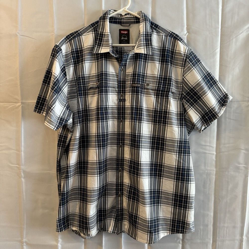 Wrangler Mens 2XL Blue Plaid Shirt Top Outdoor Metal‎ Buttons Vented Fishing